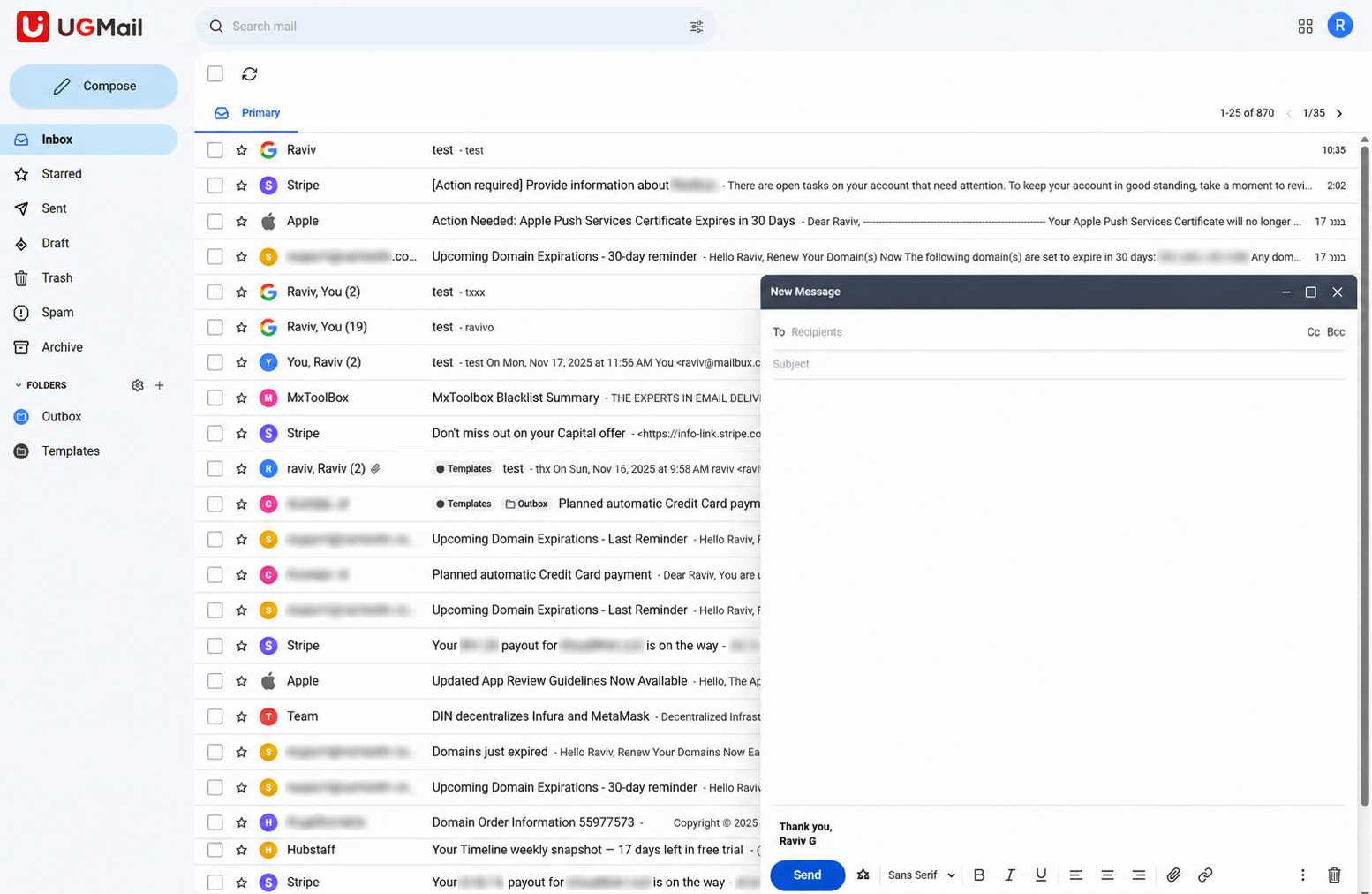 UGMail inbox interface showing email list and compose window